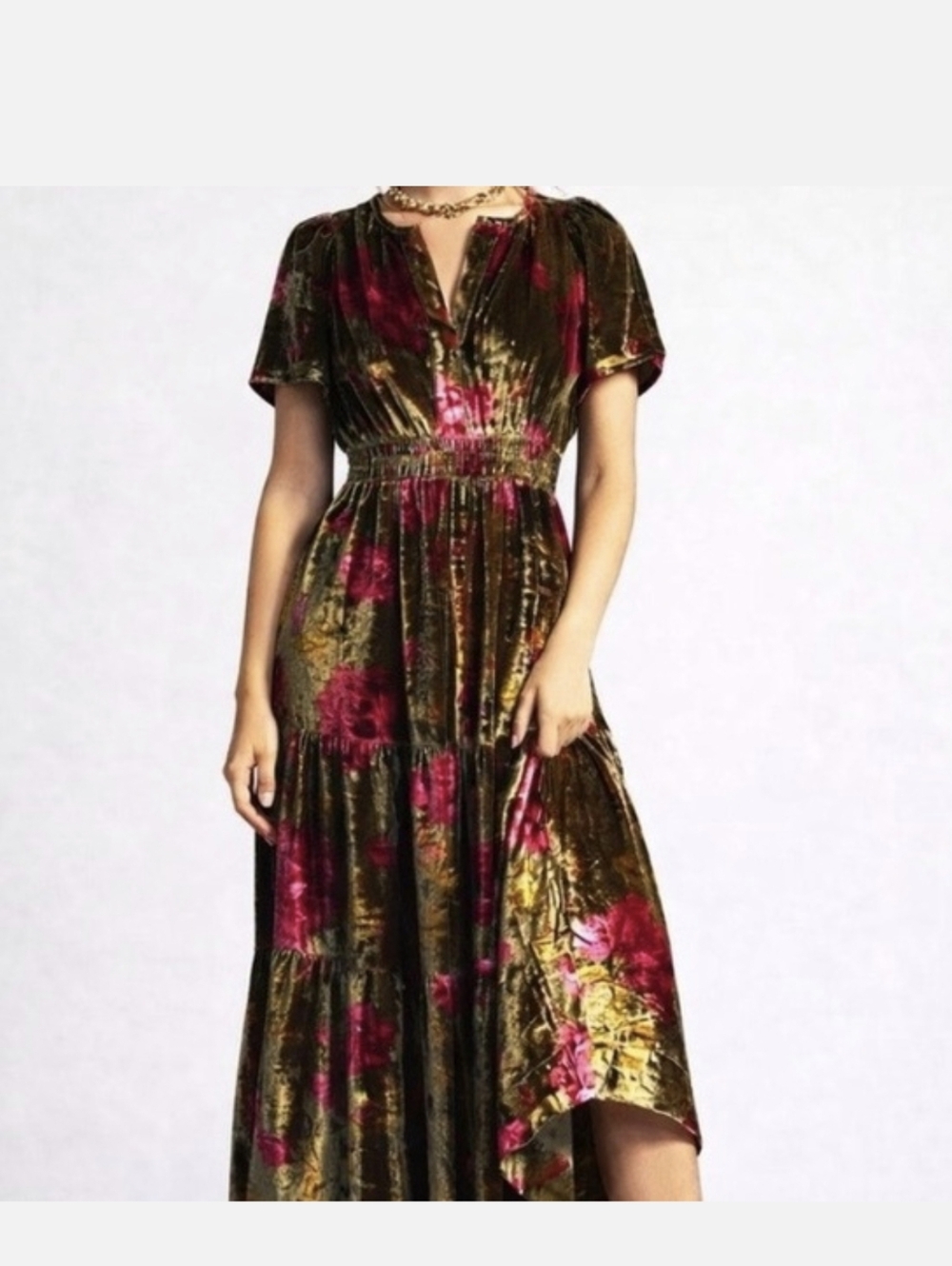 Anthropologie Olive Velvet High-Low Dress with Pink Floral Accents - Picture 6 of 6